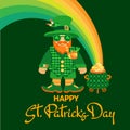 Happy Saint Patrick's Day. Leprechaun, pot, rainbow, hand-drawn lettering. Vector. Royalty Free Stock Photo