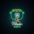 Happy Saint Patrick`s Day neon sign. Royalty Free Stock Photo