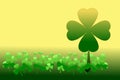Happy Saint Patrick`s day. Pattern of shamrocks, 4-leaf clover among 3-leaf clovers on gold and green gradient background. Vector