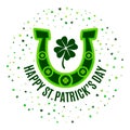 Happy Saint Patrick`s Day poster with green horseshoe, four leaves clover, scattered in a circle shamrocks isolated on white