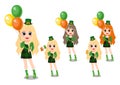 Happy Saint Patrick`s Day with Pretty leprechaun girl with beer glass, Irish flag and Irish Balloon.