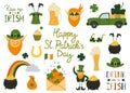 Happy Saint Patrick`s Day traditional collection. Big set elements for the day of St. Patrick with hand written quotes Royalty Free Stock Photo