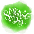 Happy Saint Patrick`s Day Vector illustration. Irish celebration design. Hand drawn badge with shamrock and rainbow