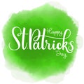 Happy Saint Patrick`s Day Vector illustration. Irish celebration design. Typography badge with shamrock and rainbow