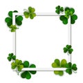 Happy Saint Patrick's vector background, green shamrock leaves and square frame