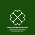 Happy Saint Patricks day card with outline Shamrock Icon. Line four leaf clover pictogram. Minimal abstract background