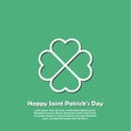 Happy Saint Patricks day card with outline Shamrock Icon. Line four leaf clover pictogram. Minimal abstract background