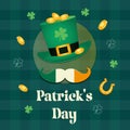 Happy Saint Patricks day design elements. Shamrock cloverleaf, green leprechaun hat, mustache in colors of Irish flag, shiny coins