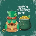 Happy Saint Patricks day greeting card with funky leprechaun potato character with green particks hat and Pot Full of Royalty Free Stock Photo