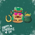 Happy Saint Patricks day greeting card with funky leprechaun potato character with green particks hat and Pot Full of Royalty Free Stock Photo