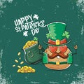 Happy Saint Patricks day greeting card with funky leprechaun potato character with green particks hat and Pot Full of Royalty Free Stock Photo