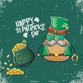 Happy Saint Patricks day greeting card with funky leprechaun potato character with green particks hat and Pot Full of Royalty Free Stock Photo