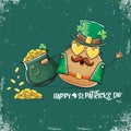 Happy Saint Patricks day greeting card with funky leprechaun potato character with green particks hat and Pot Full of Royalty Free Stock Photo