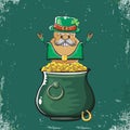 Happy Saint Patricks day greeting card with funky leprechaun potato character with green particks hat and Pot Full of Royalty Free Stock Photo