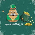 Happy Saint Patricks day greeting card with funky leprechaun potato character with green particks hat and Pot Full of Royalty Free Stock Photo