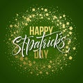 Happy saint Patricks day greeting poster with lettering text and golden glitter clover leaves. Vector illustration EPS10