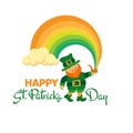 Happy Saint Patricks Day. Hand-drawn lettering, leprechaun, pipe, rainbow. Vector. Royalty Free Stock Photo