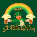 Happy Saint Patricks Day. Hand-drawn lettering, leprechaun, beer, rainbow. Vector. Royalty Free Stock Photo