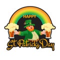 Happy Saint Patricks Day. Hand-drawn lettering, leprechaun, beer, rainbow. Vector.