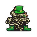 Happy Saint Patricks Day. Hand-drawn lettering, leprechaun hat, shoes. Vector. Royalty Free Stock Photo