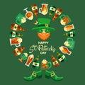 Happy Saint Patricks Day. Hand-drawn lettering, leprechaun, shoes, beer. Vector. Royalty Free Stock Photo