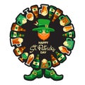 Happy Saint Patricks Day. Hand-drawn lettering, leprechaun, shoes, beer. Vector Royalty Free Stock Photo