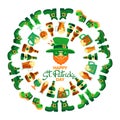 Happy Saint Patricks Day. Hand-drawn lettering, leprechaun, shoes, beer. Vector Royalty Free Stock Photo