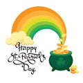 Happy Saint Patricks Day. Hand-drawn lettering, pot, rainbow. Vector illustration. Royalty Free Stock Photo