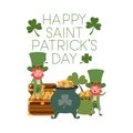 Happy saint patricks day label with leprechauns character