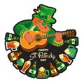 Happy Saint Patricks Day. Leprechaun, guitar, beer. Hand-drawn lettering, Vector Royalty Free Stock Photo