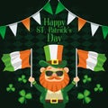 happy saint patricks day lettering poster with leprechaun lifting ireland flags