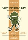 Happy Saint Patricks Day retro party invitation. Funky groovy cartoon character walking green beer in glass glass Royalty Free Stock Photo