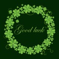 Happy Saint Patricks Day round card design with clever leaves with text - Good luck. Irish celebration brochure. Beer