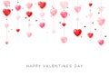 Happy Saint Valentine`s day card. Hanging pink and red hearts. Vector