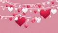 Happy Saint Valentine\'s day card, hanging pink, white red hearts on rose background. Royalty Free Stock Photo