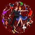 Happy Salsa dancers couple isolated on white icon pictogram, man and woman in dress dancing with passion Royalty Free Stock Photo