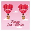 Happy san valentine boy and girl flying heart airballoon valentine day pink sky Royalty Free Stock Photo