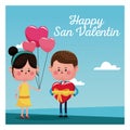 Happy san valentine card girl branch balloons and boy with red heart Royalty Free Stock Photo