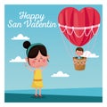 Happy san valentine girl happy boy heart airballoon valentine day blue sky Royalty Free Stock Photo