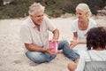 Happy, sand and grandparents playing with their grandchildren at the beach during summer. Positive elderly man and woman Royalty Free Stock Photo