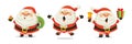 Happy Santa carrying Christmas gift bag, holding bell and Christmas present, jumping excitedly