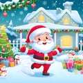 Happy Santa Claus arriving in front of a decorated house with presents gifts wholesome children illustration Royalty Free Stock Photo