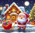 Happy Santa Claus arriving in front of a decorated house with presents, gifts wholesome, children illustration Royalty Free Stock Photo