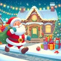 Happy Santa Claus arriving in front of a decorated house with presents gifts wholesome children illustration Royalty Free Stock Photo