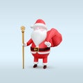 Happy Santa Claus character with gift, bag with presents, with golden staff. Cartoon Christmas vector illustration isolated on