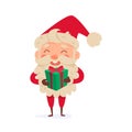 Happy Santa Claus character holding gift box, delivering present with green wrapping