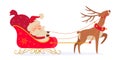 Happy Santa Claus character riding red sleigh with reindeer, delivering bag with gifts Royalty Free Stock Photo
