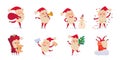 Happy Santa Claus characters set, funny old man jumping, running with Christmas tree Royalty Free Stock Photo