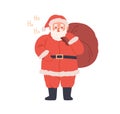 Happy Santa Claus with Christmas bag portrait. Merry laughing old bearded character with big gift sack for Xmas and New