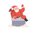 Happy Santa Claus climbing into chimney with bag of gifts at Christmas. Retro chubby Xmas character with sack on house Royalty Free Stock Photo